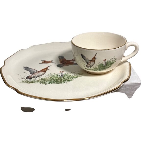 Georgina China Snack Plate & Tea Cup Set USA Breakfast Phesants Cabincore Birds - Picture 1 of 14